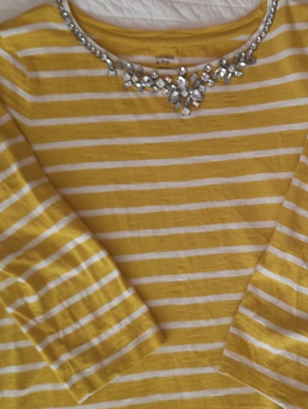 crown & ivy Yellow-Green and White Striped 3/4 Sleeve Tee with Jeweled Crew Neck